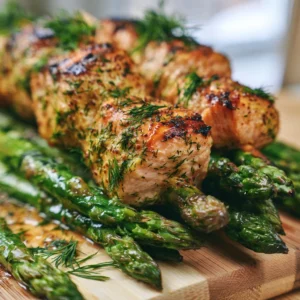 Dill-Senf Lachs-Spieße mit Grünem Spargel