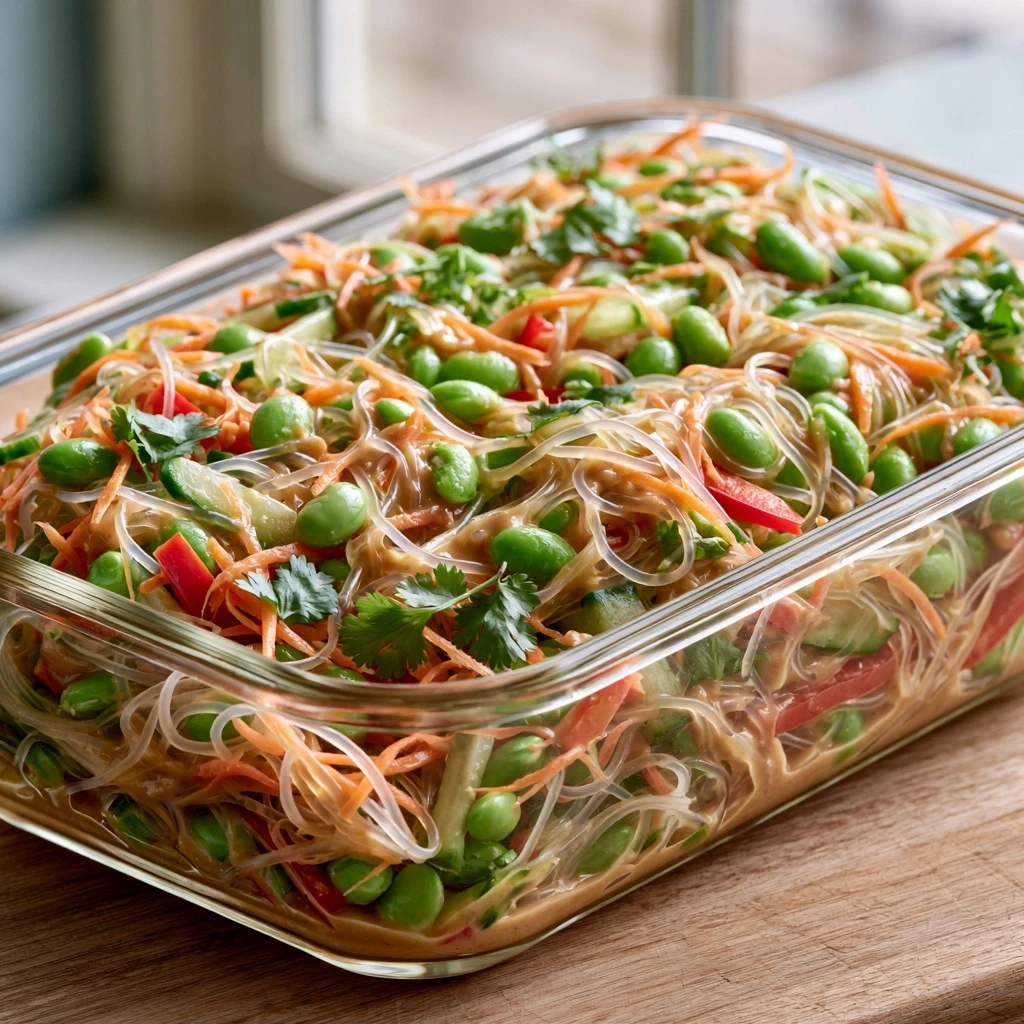 Edamame-Reisnudel-Salat mit Erdnuss-Dressing