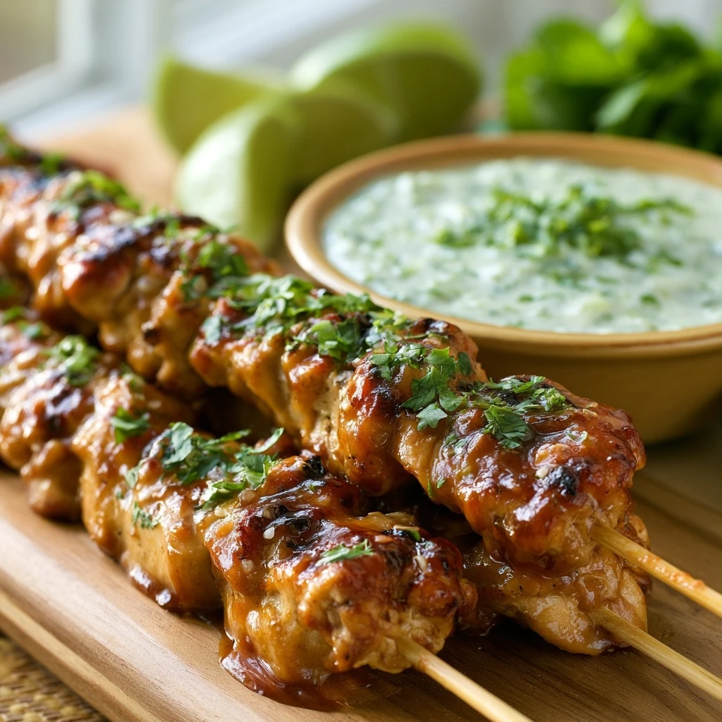 Erdnuss-Teriyaki Hähnchen Spieße mit Koriander-Limetten-Dip
