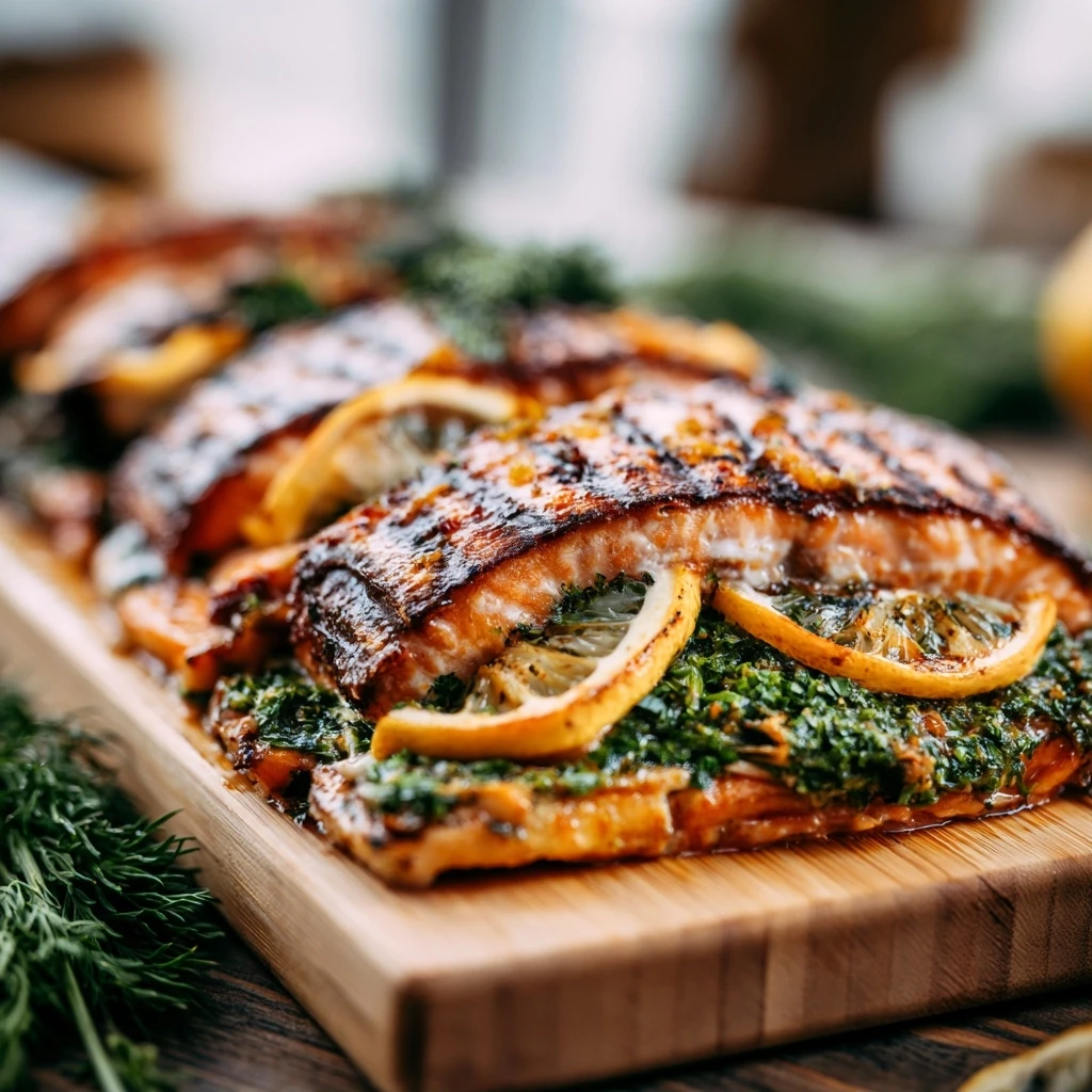 Ganzer gegrillter Saibling mit Kräuterfüllung und Zitronenscheiben