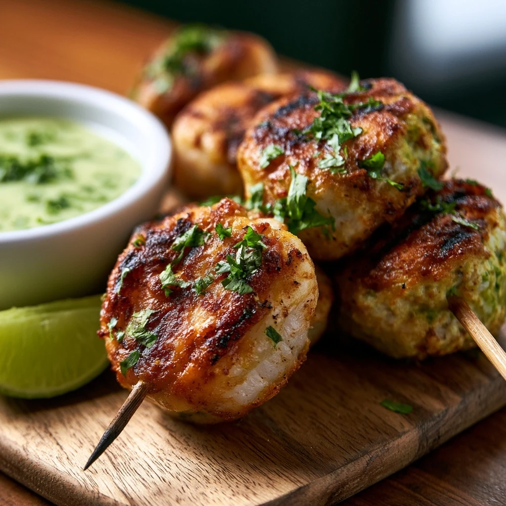 Garnelen-Kokos-Curry Köfte vom Grill mit Limetten-Dip