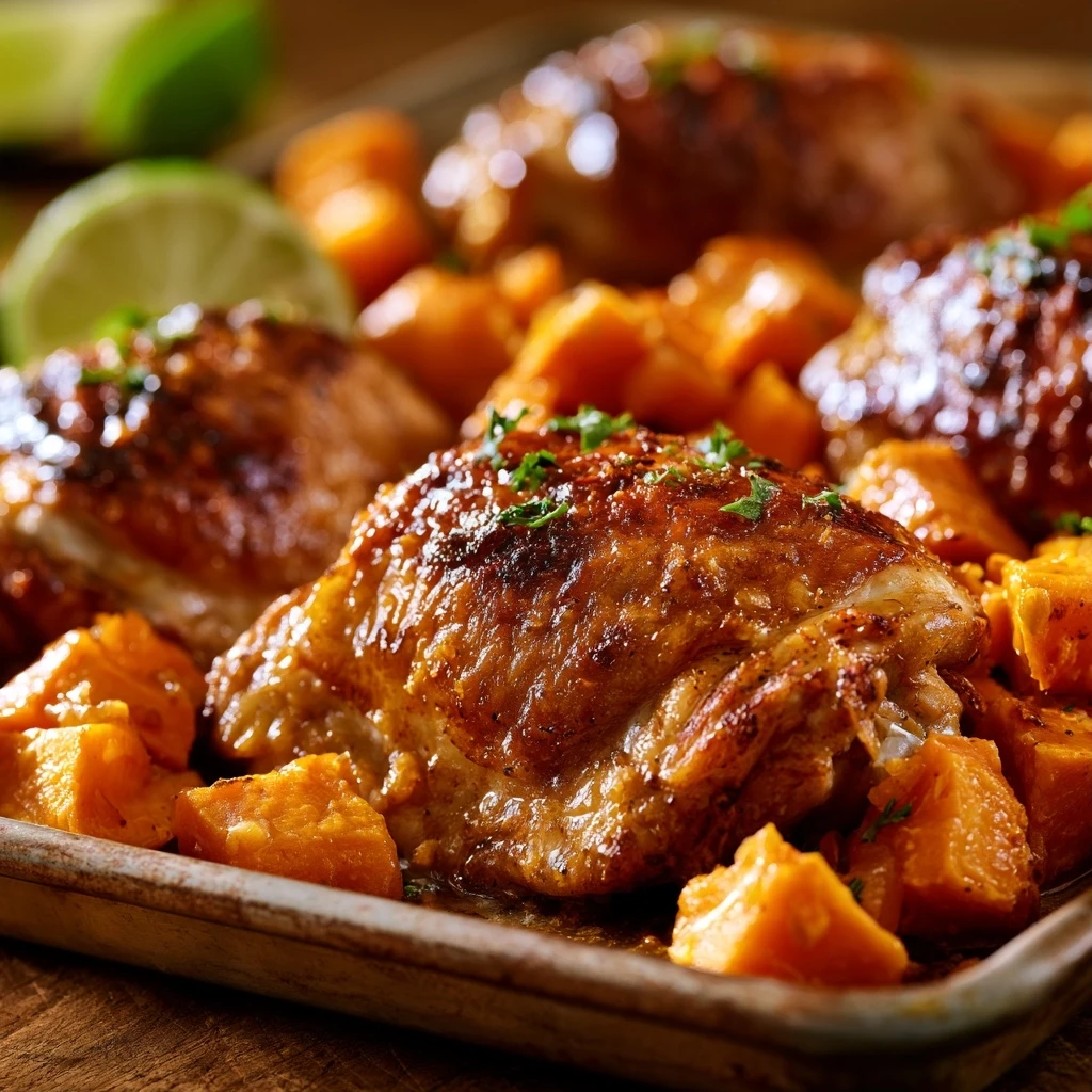 Gebackene Kokos-Limetten-Hähnchenschenkel mit Süßkartoffeln