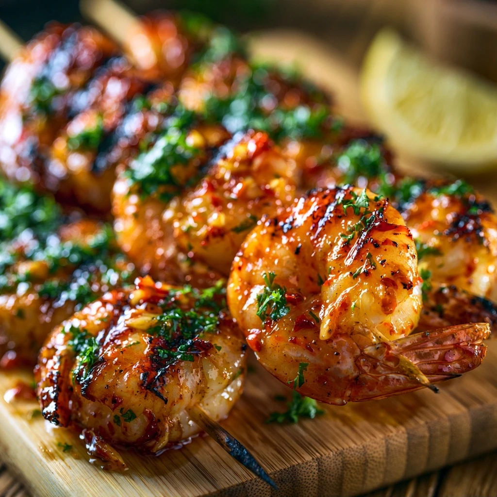Gegrillte Garnelenspieße mit Knoblauch-Chili-Marinade