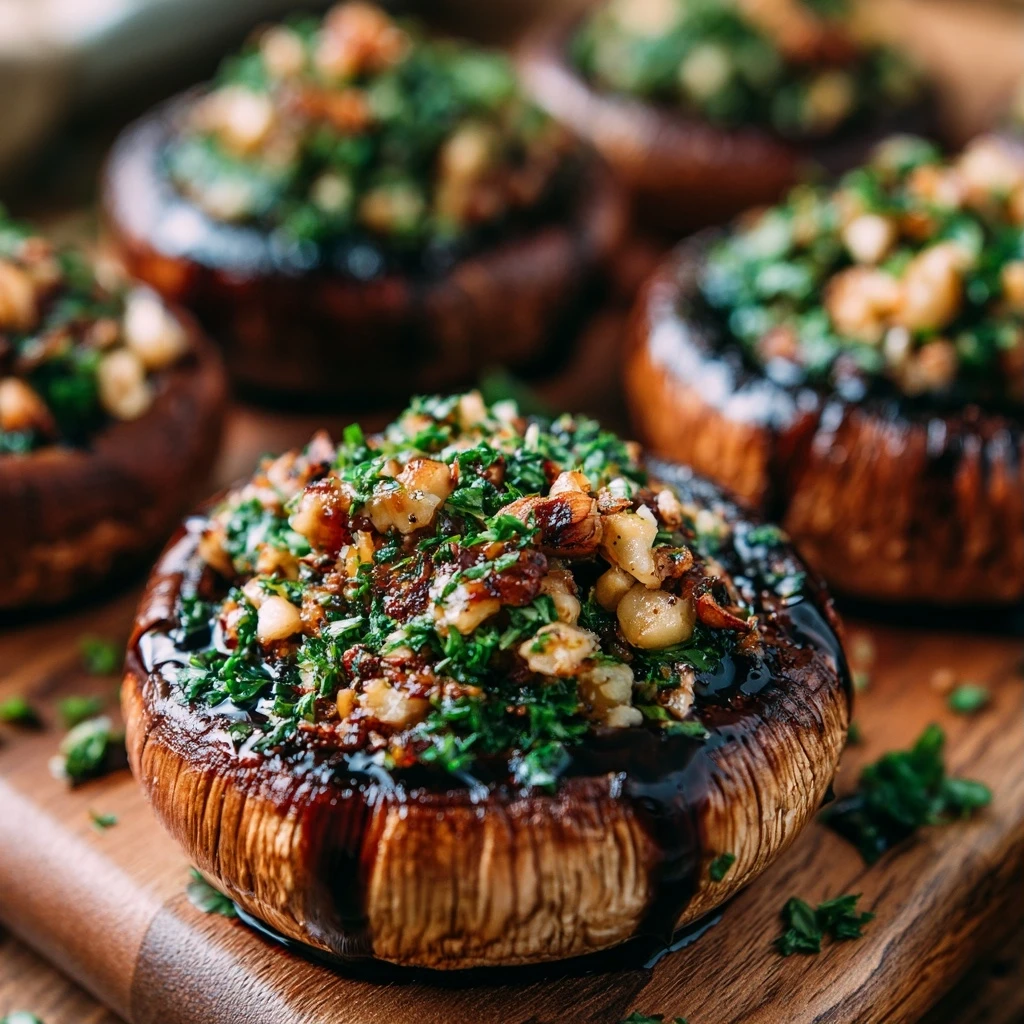 Gegrillte Portobello-Pilze mit Kräuter-Walnuss-Füllung und Balsamico-Glasur