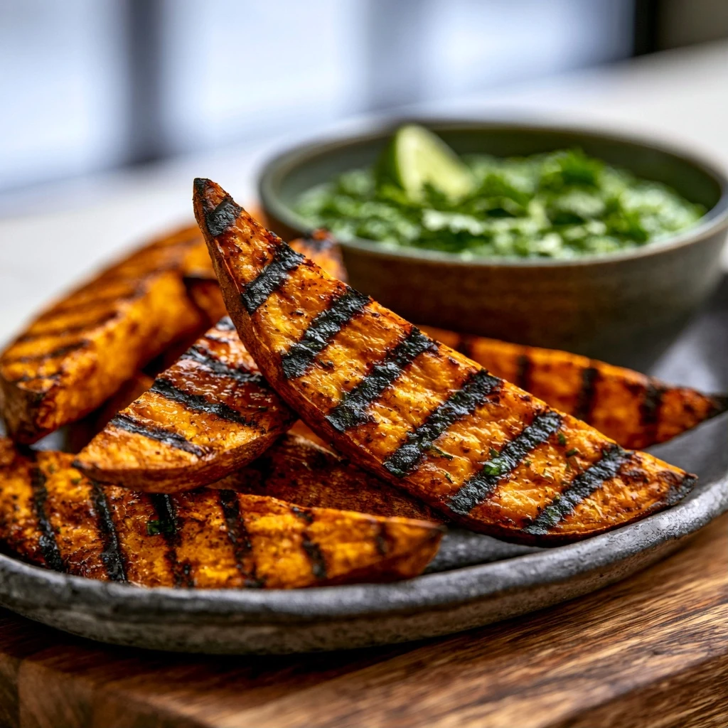 Gegrillte Süßkartoffelspalten mit Limetten-Koriander-Dip