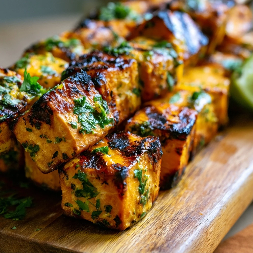 Gegrillte Süßkartoffelspieße mit Limetten-Koriander-Marinade