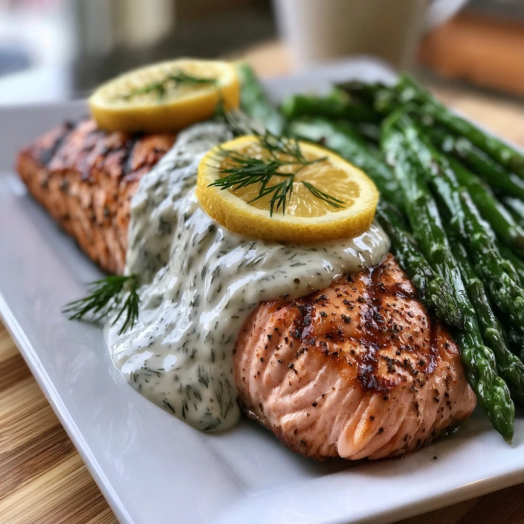 Gegrillter Lachs mit Zitronen-Dill-Sauce und Spargel