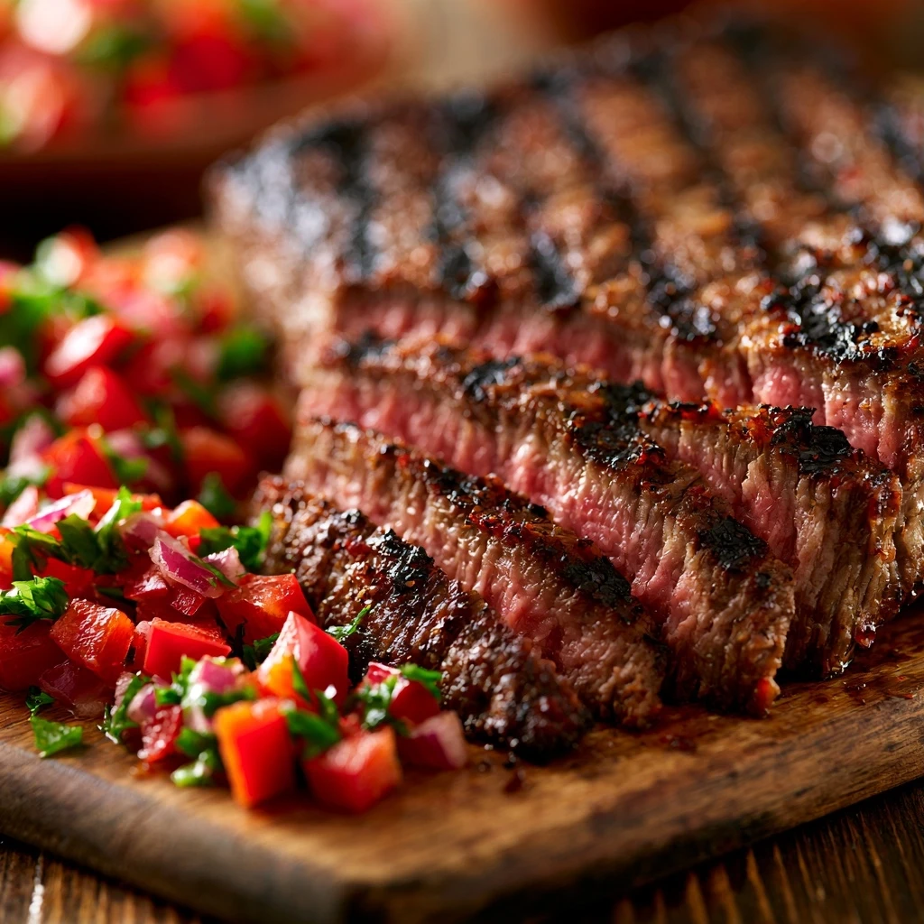 Gegrilltes Rinderflanksteak mit Paprika-Zwiebel-Salsa