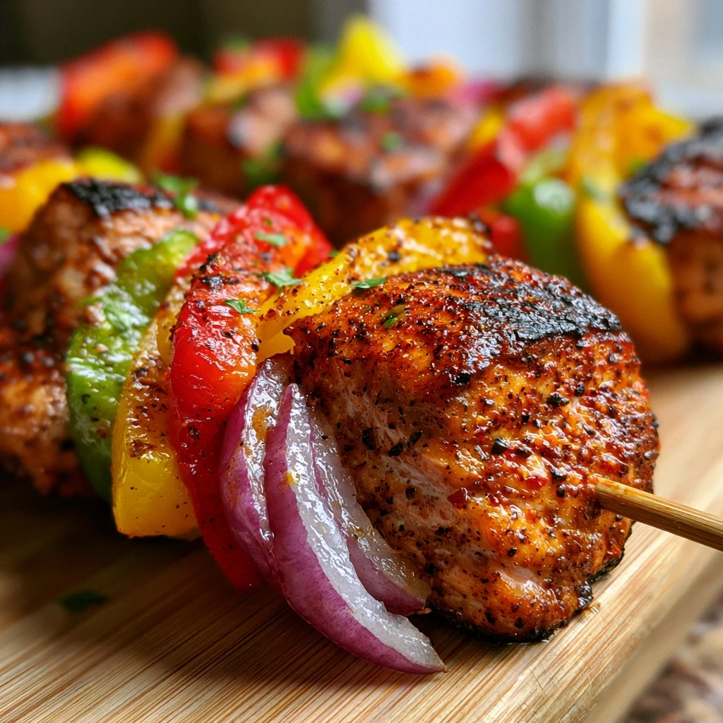 Geräucherte Paprika Lachs-Spieße mit Buntem Gemüse