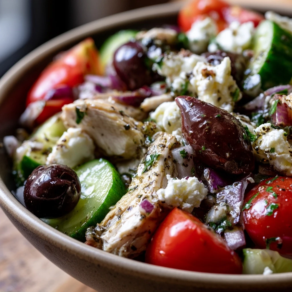Griechischer Hähnchen-Feta-Salat mit Oliven und Oregano