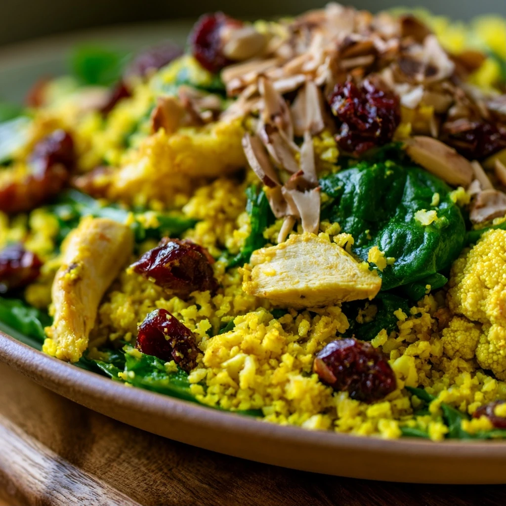Hähnchen-Blumenkohl-Reis-Salat mit Kurkuma und Mandeln