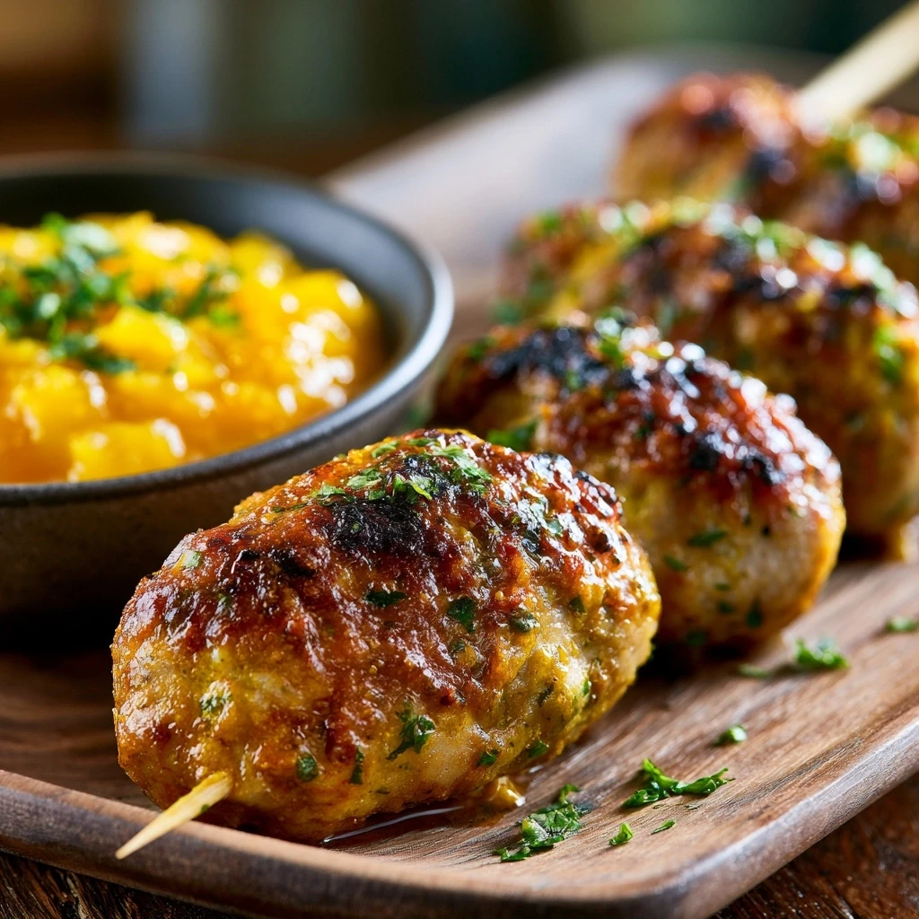 Hähnchen-Curry Köfte Spieße mit Mango-Chutney
