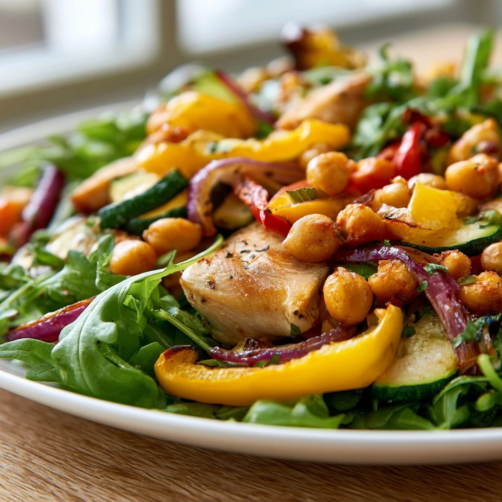 Hähnchen-Kichererbsen-Salat mit geröstetem Gemüse