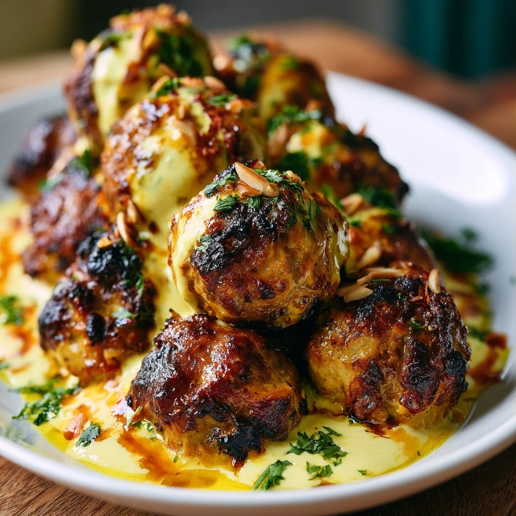 Hähnchen-Mandel-Curry Köfte vom Grill mit Safranjoghurt