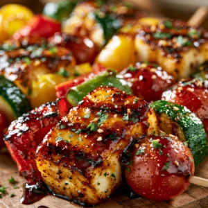 Halloumi-Gemüse-Spieße mit Honig-Balsamico-Glasur