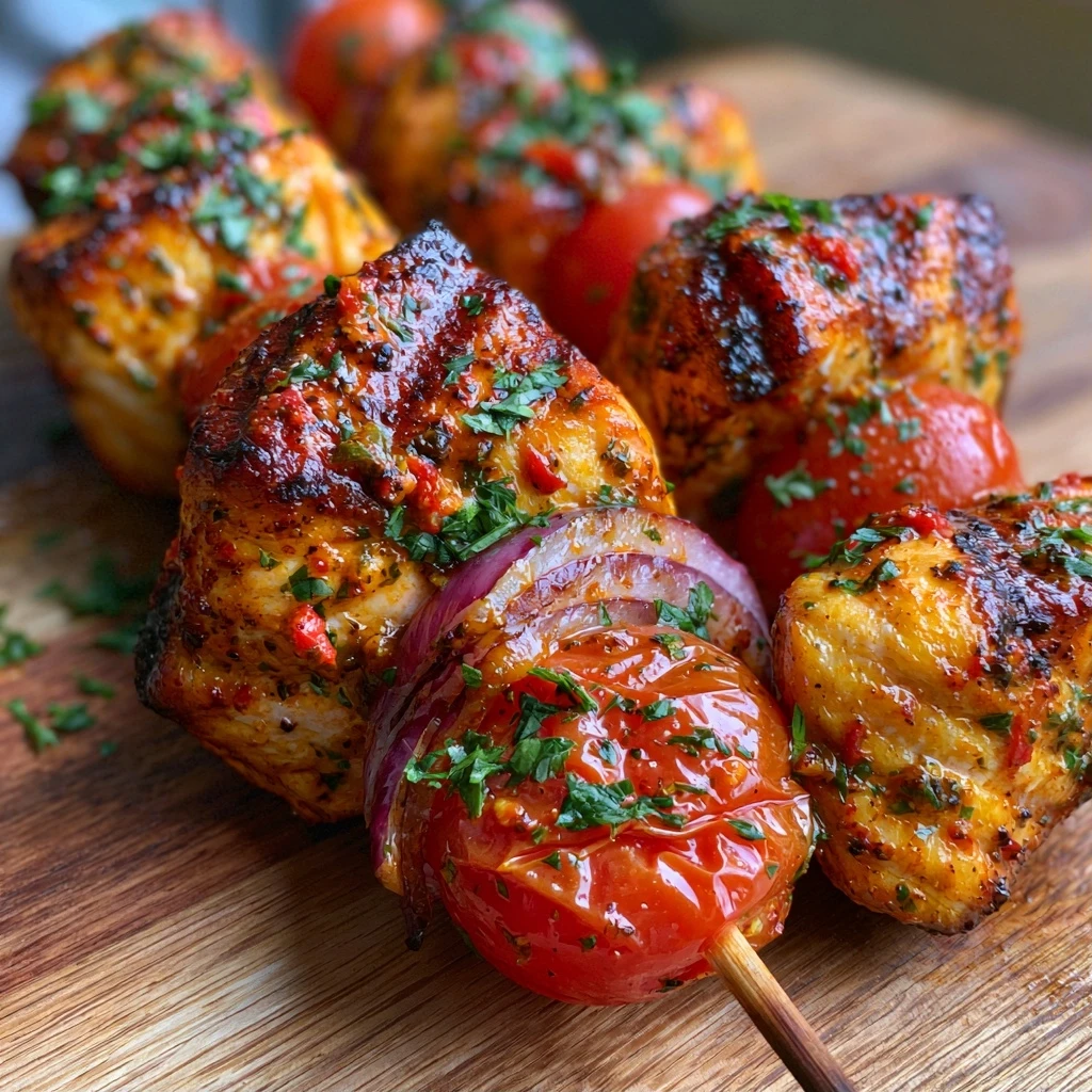 Harissa Lachs-Spieße mit Kirschtomaten und Roter Zwiebel