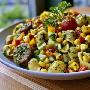 Herzhafter Gemüsenudelsalat mit Geflügel-Fleischwurst