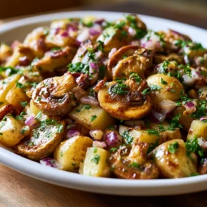 Herzhafter Kartoffelsalat mit gerösteten Pilzen und Balsamico