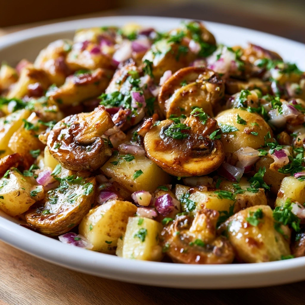 Herzhafter Kartoffelsalat mit gerösteten Pilzen und Balsamico