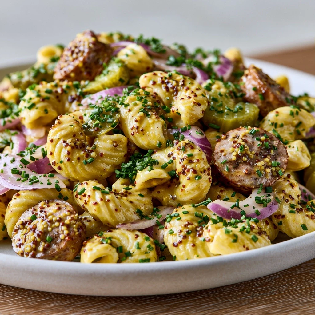Herzhafter Nudelsalat 'Senf-Zwiebel' mit Geflügelfleischwurst