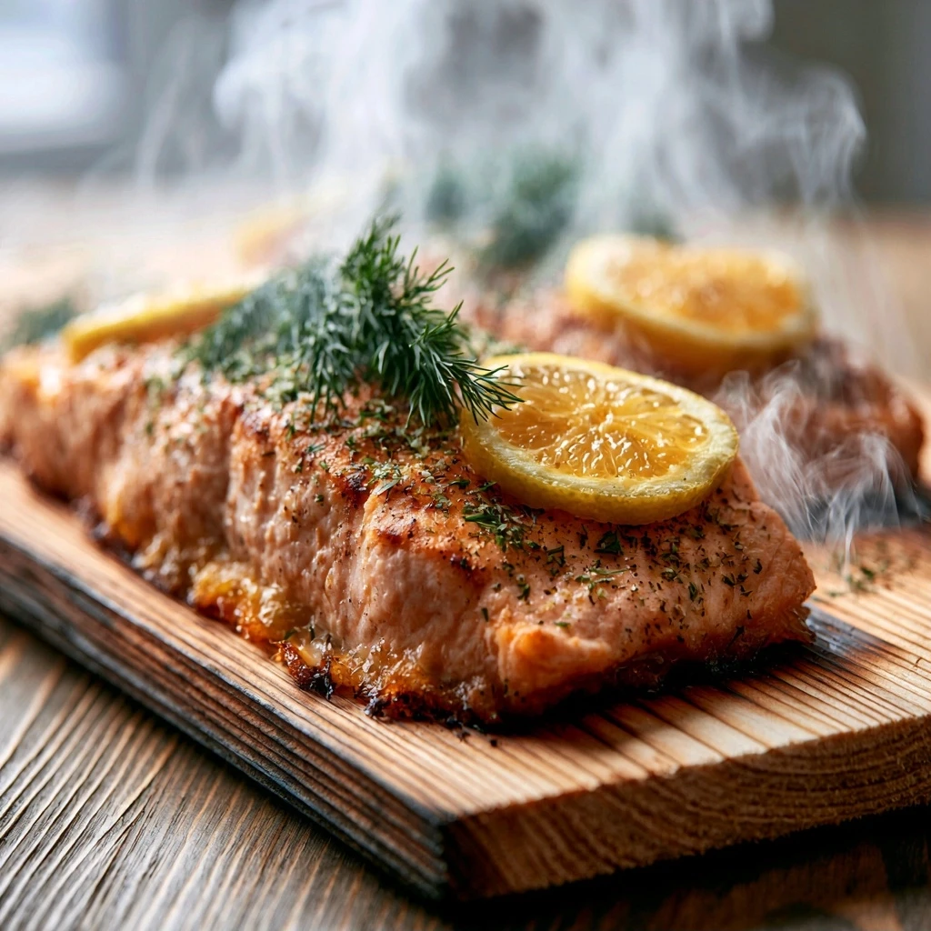 Holzkohle Lachs auf Zedernholzbrett mit Apfel-Rauch
