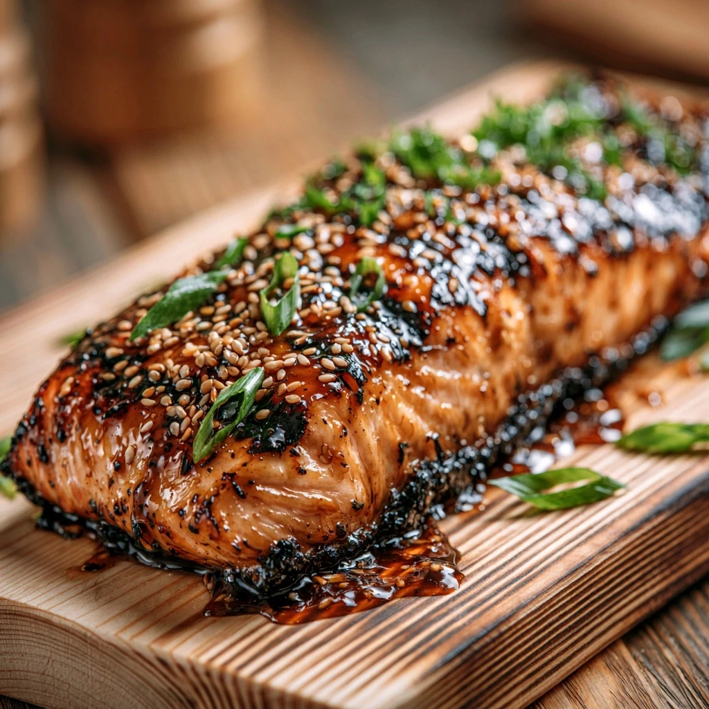 Holzkohle Lachs mit Sesam-Ingwer-Glasur