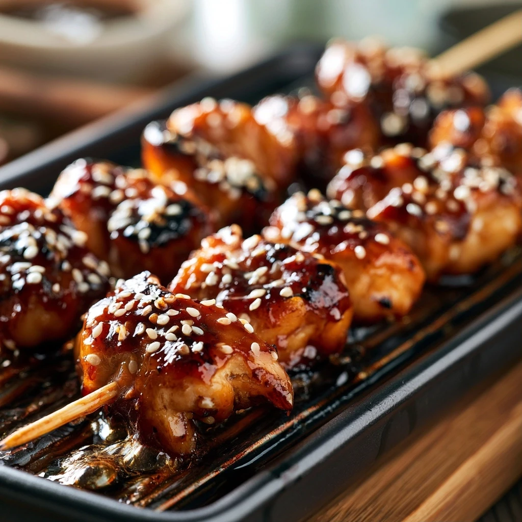 Honig-Knoblauch Teriyaki Hähnchen Spieße mit Sesam