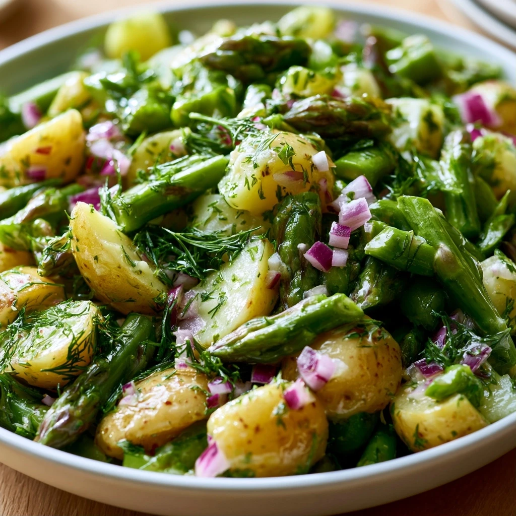 Kartoffelsalat mit grünem Spargel und Zitronen-Dill-Dressing