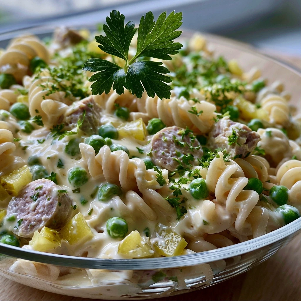 Klassischer Geflügel-Nudelsalat mit Fleischwurst