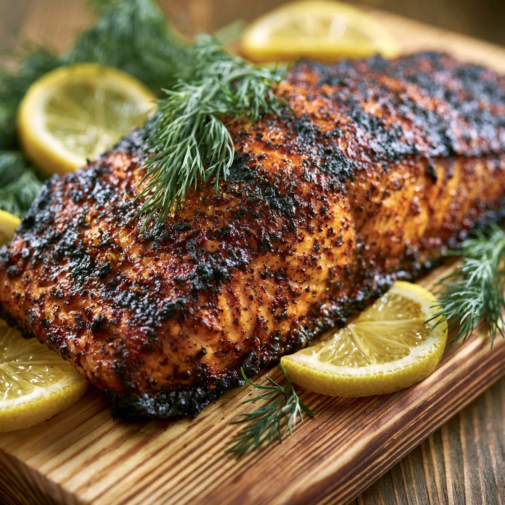 Klassischer Holzkohle Lachs mit Zitrone und Kräutern