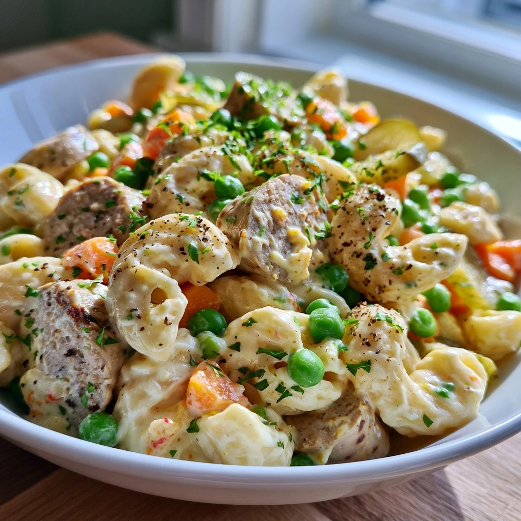 Klassischer Nudelsalat mit Geflügelfleischwurst