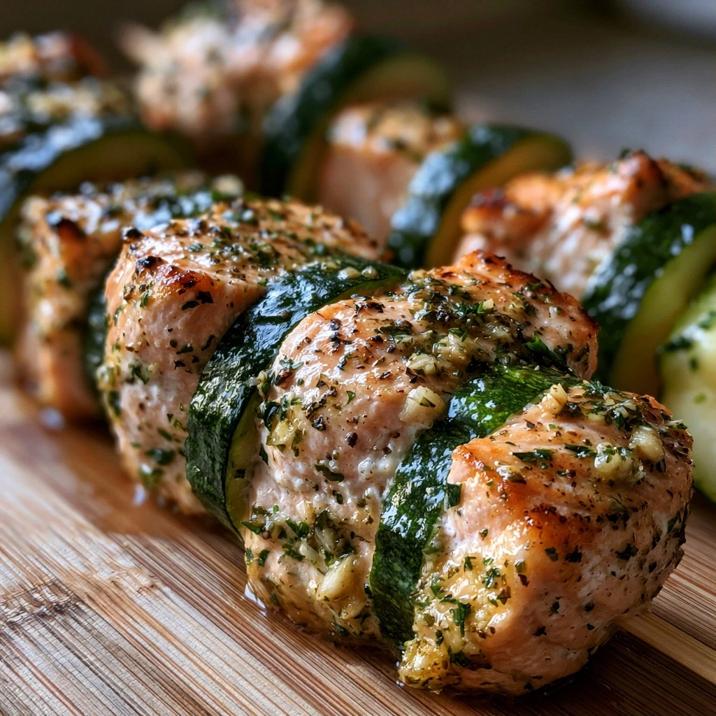 Knoblauch-Kräuter Lachs-Spieße mit Zucchini