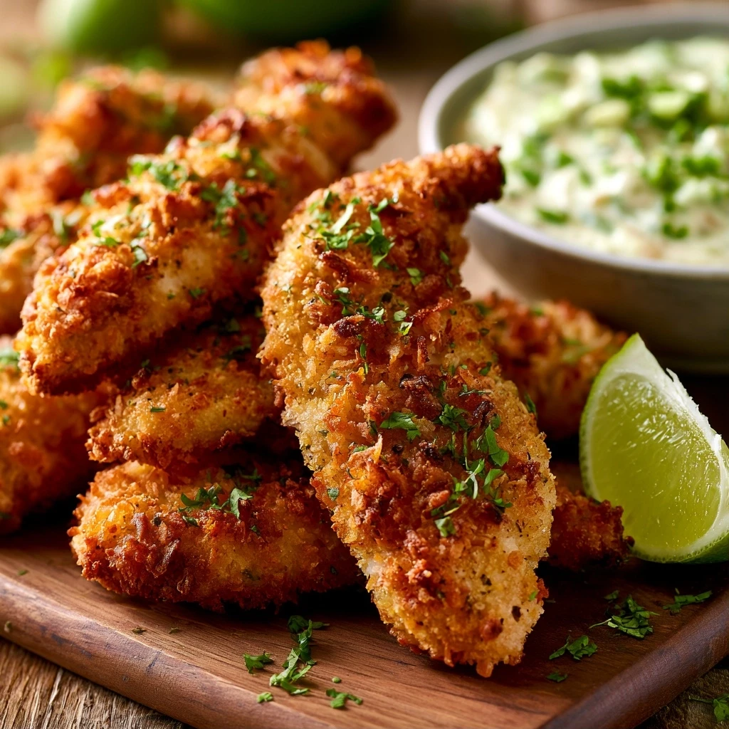 Knusprige Kokos-Limetten-Hähnchen-Tenders mit Dip