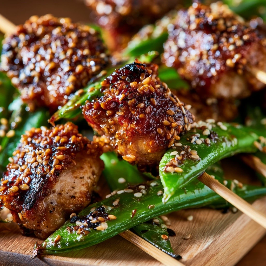Knusprige Sesam-Teriyaki Hähnchen Spieße mit Zuckerschoten