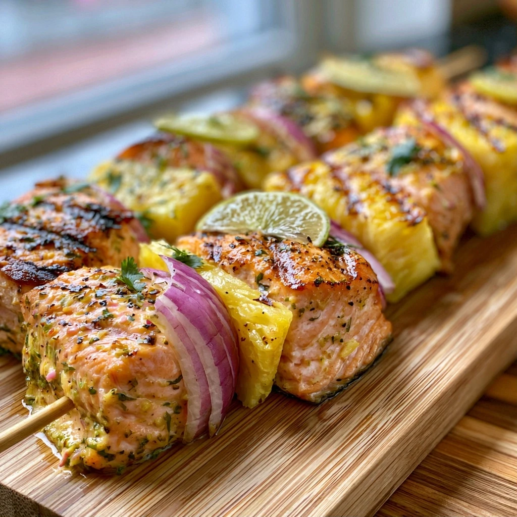 Kokos-Limetten Lachs-Spieße mit Ananas
