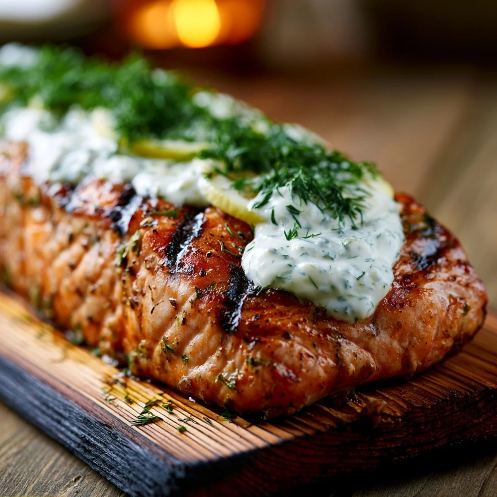 Lachsfilet vom Zedernholzbrett mit Zitronen-Dill-Sauce