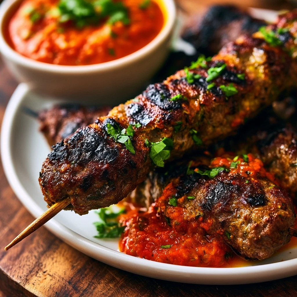 Lamm-Curry Köfte Spieße mit würziger Paprika-Sauce vom Grill
