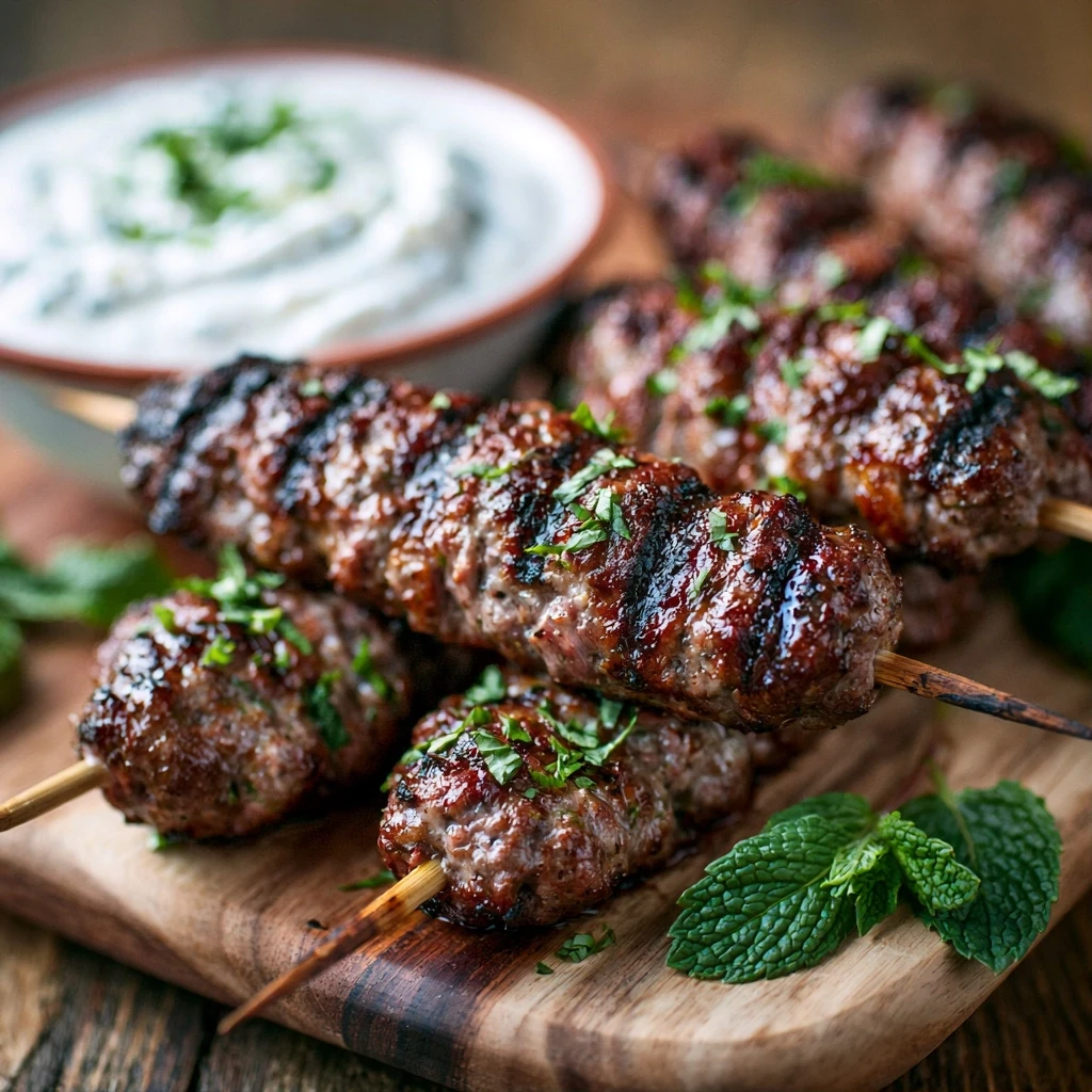 Lamm-Hackfleischspieße (Köfte-Art) mit Feta-Minz-Dip