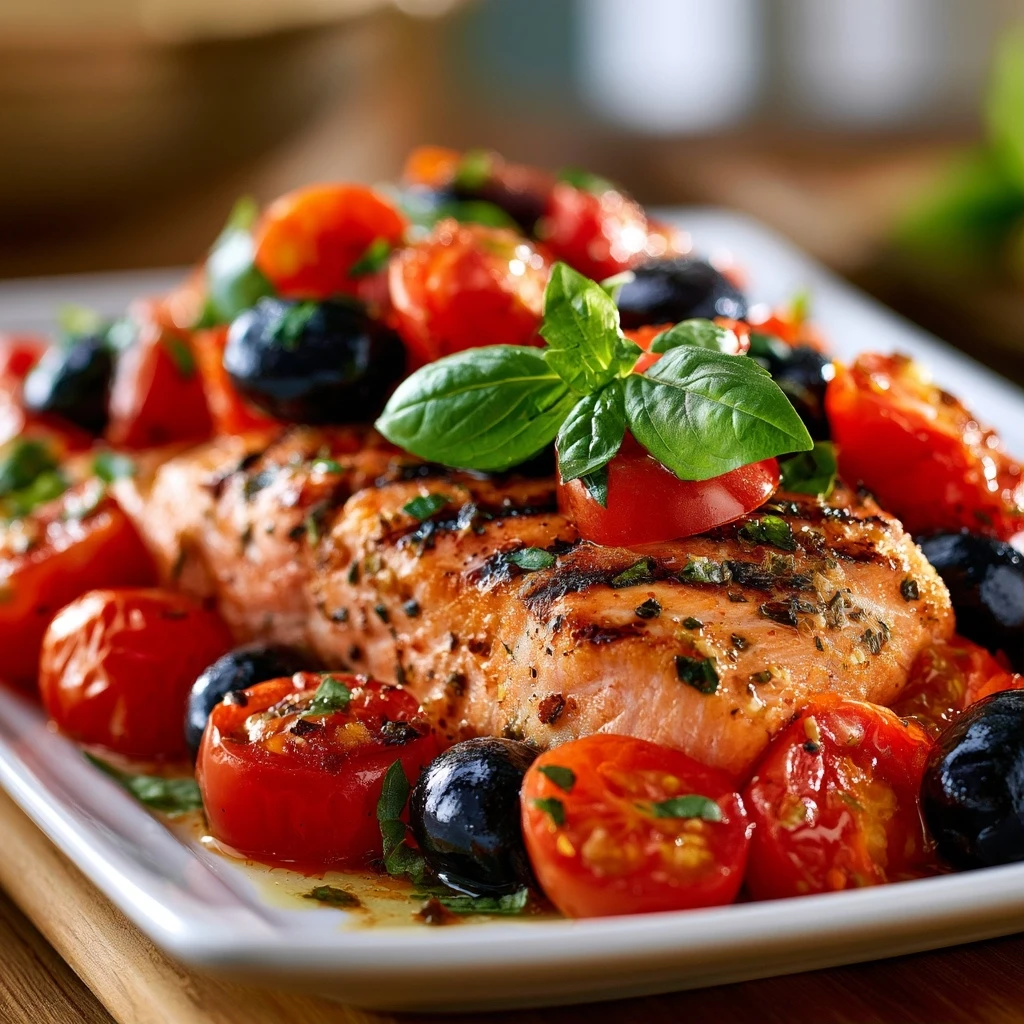 Mediterraner Lachs vom Grill mit Tomaten & Oliven