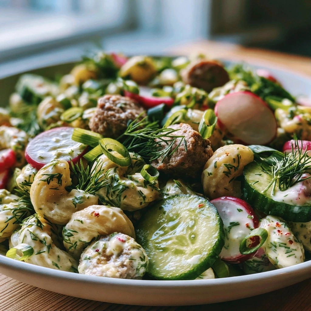 Nudelsalat 'Dill-Gurke' mit Rinderfleischwurst