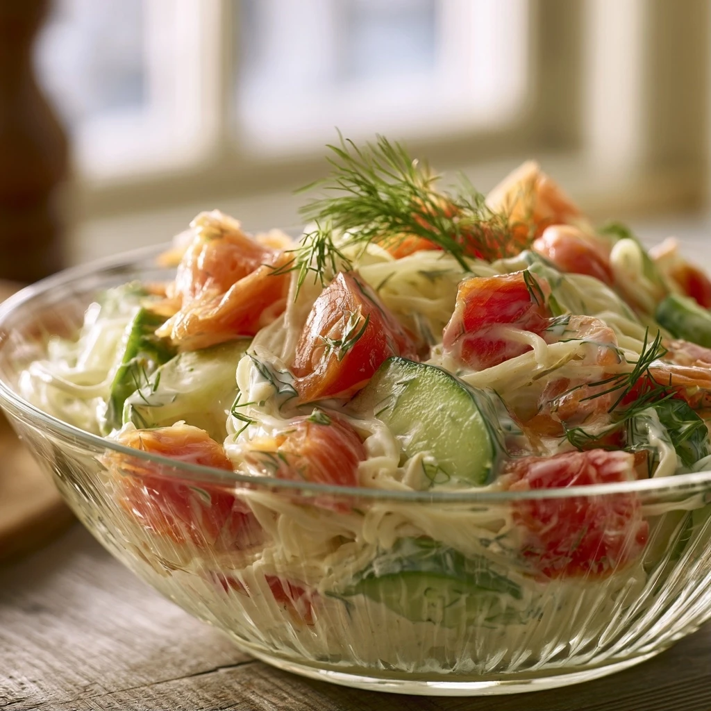 Nudelsalat mit Senf-Dill-Dressing und Räucherlachs