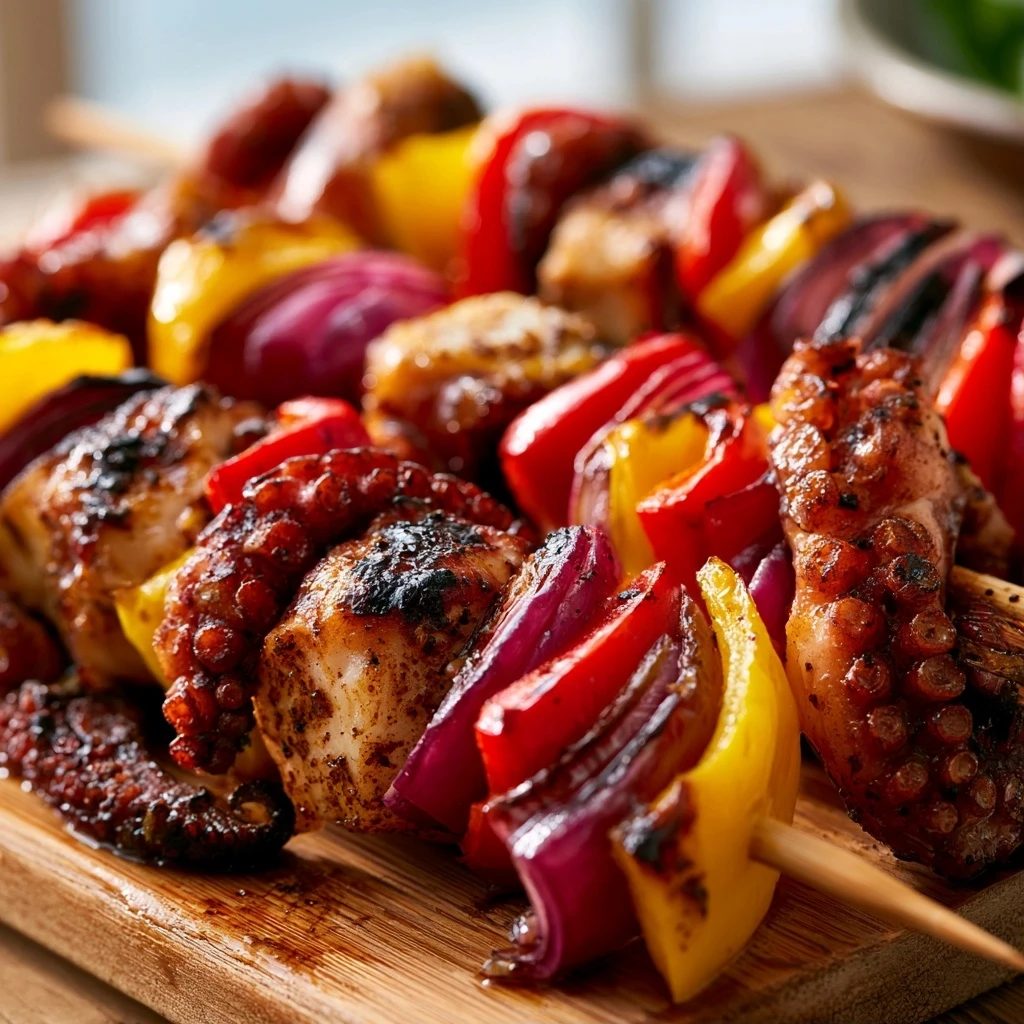 Oktopus-Spieße mit Paprika und Zwiebeln