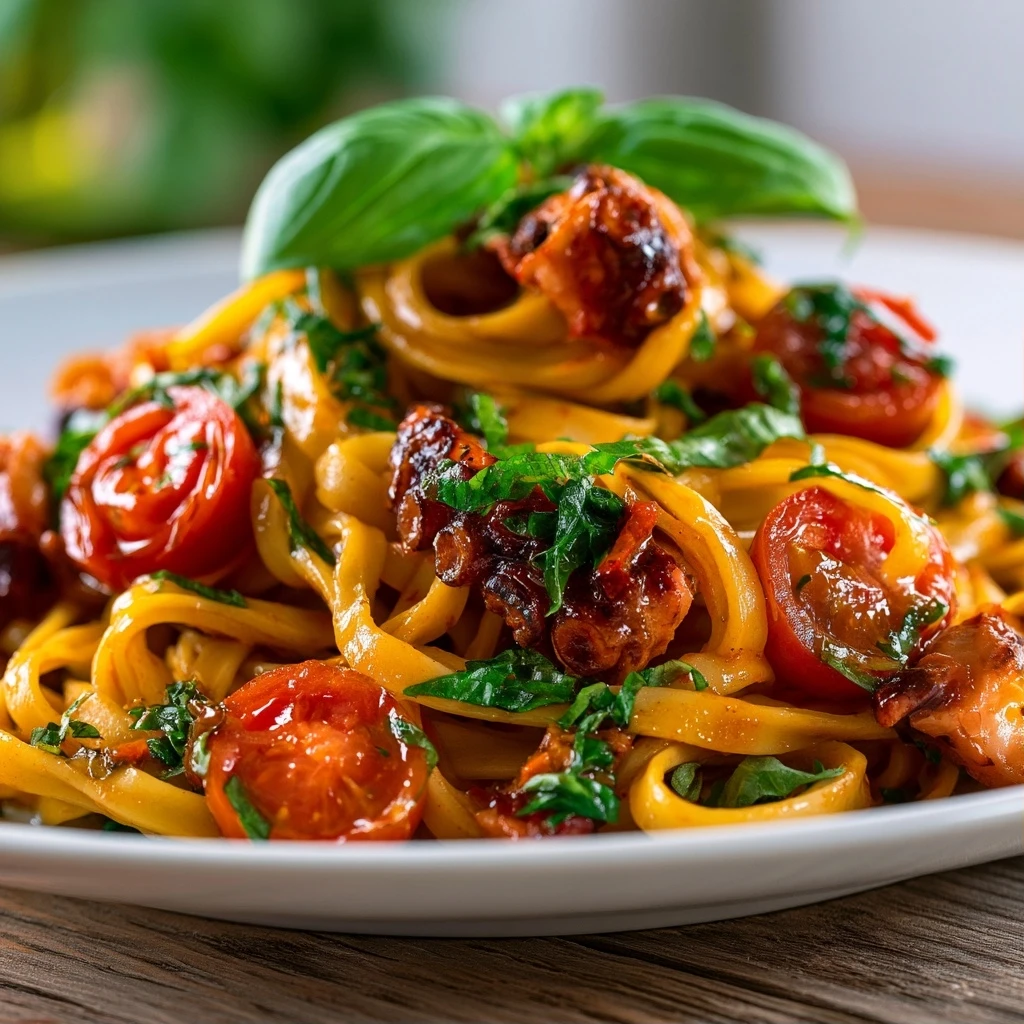 Oktopus-Tagliatelle mit Kirschtomaten und Basilikum