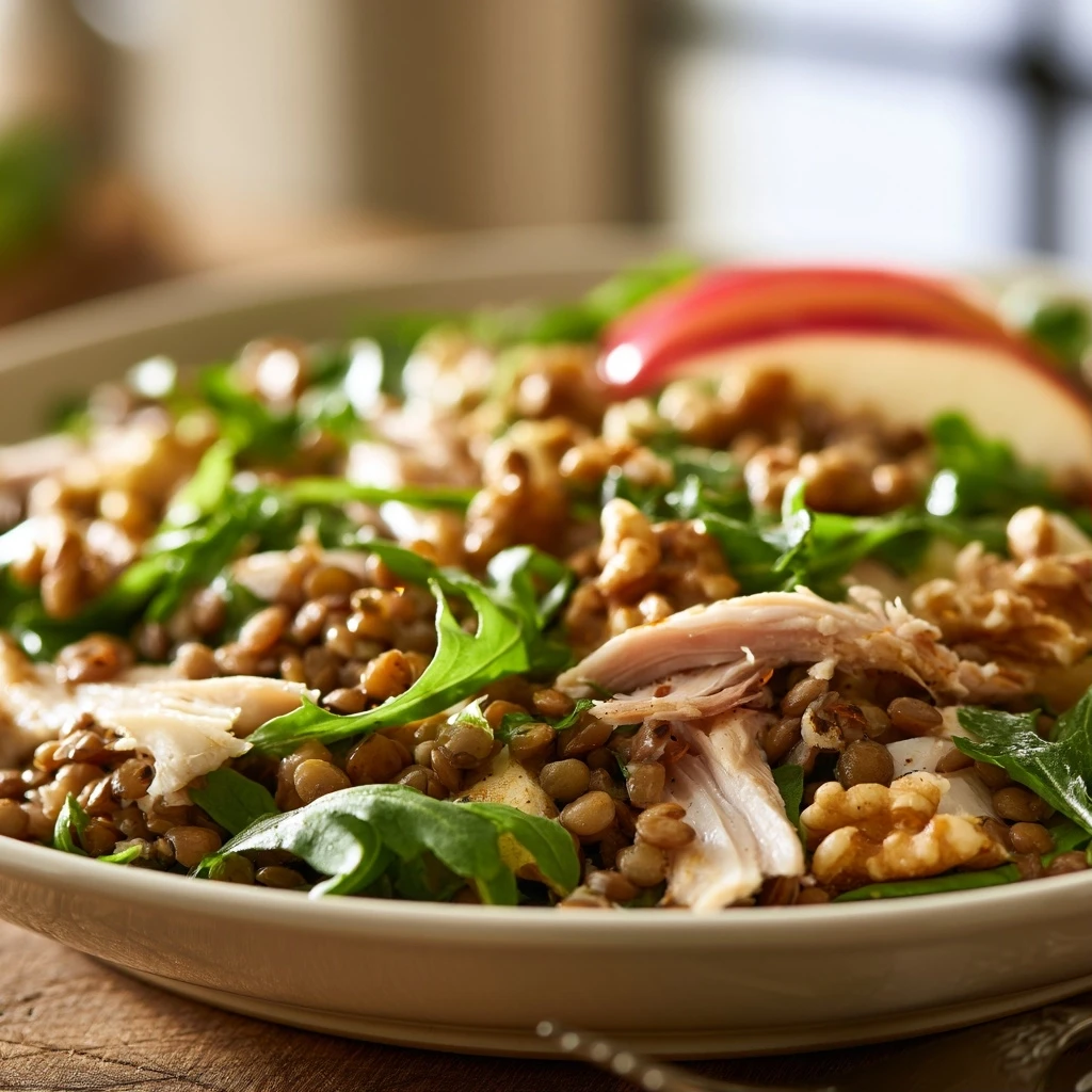 Räucherhähnchen-Linsen-Salat mit Walnüssen und Apfel