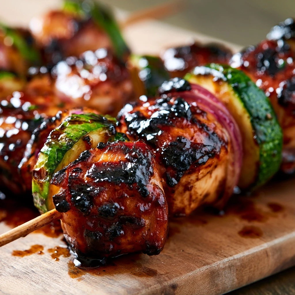 Rauchige Chili-Teriyaki Hähnchen Spieße mit Zucchini