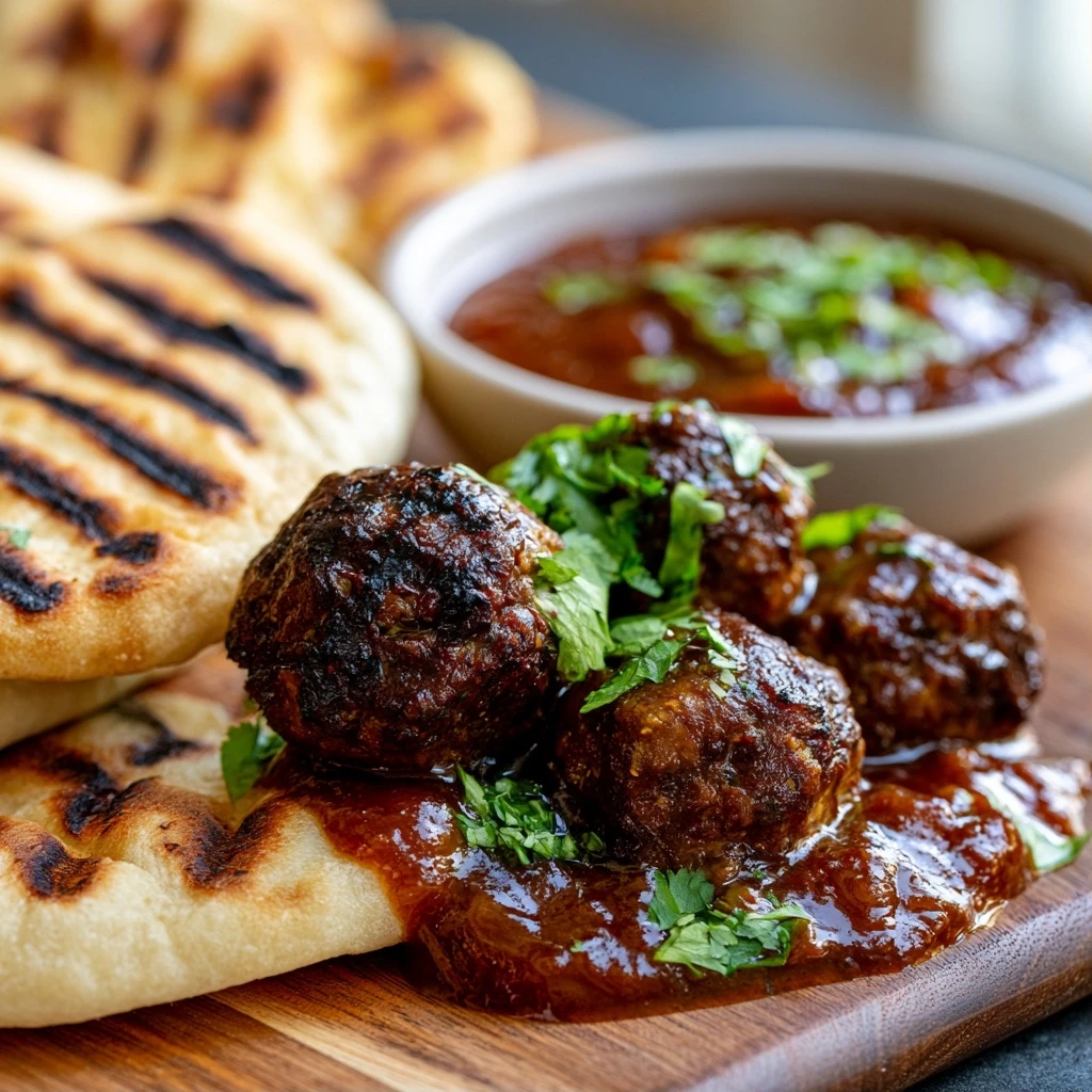 Rindfleisch-Kichererbsen-Curry Köfte vom Grill mit gegrilltem Naan und Tamarinden-Chutney