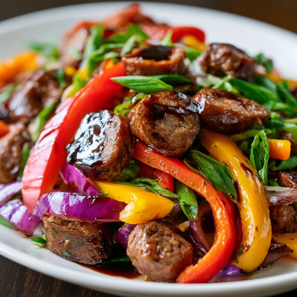 Rindswurstsalat mit buntem Paprika