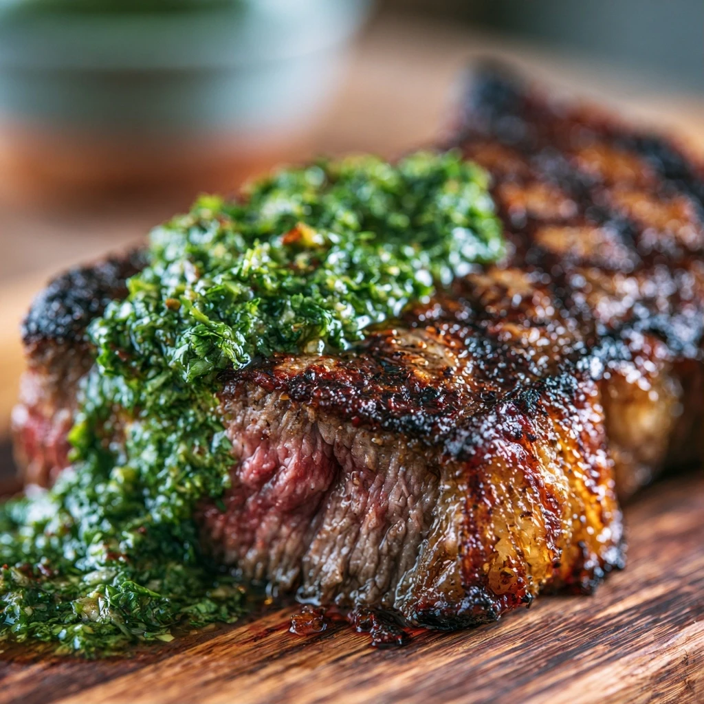 Saftige Rindersteaks vom Grill mit frischem Chimichurri