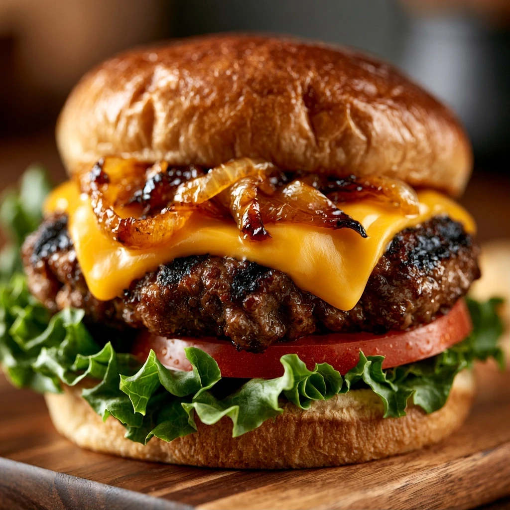 Saftige Rindfleisch-Burger vom Grill mit karamellisierten Zwiebeln