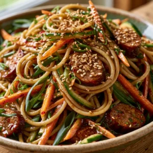 Süß-Saurer Asia-Nudelsalat mit Geflügel-Fleischwurst